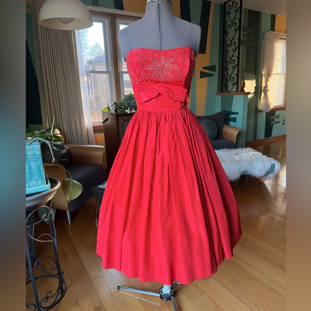 True Vintage 1950s Red Strapless Party Dress - Soutache & Rhinestone details S